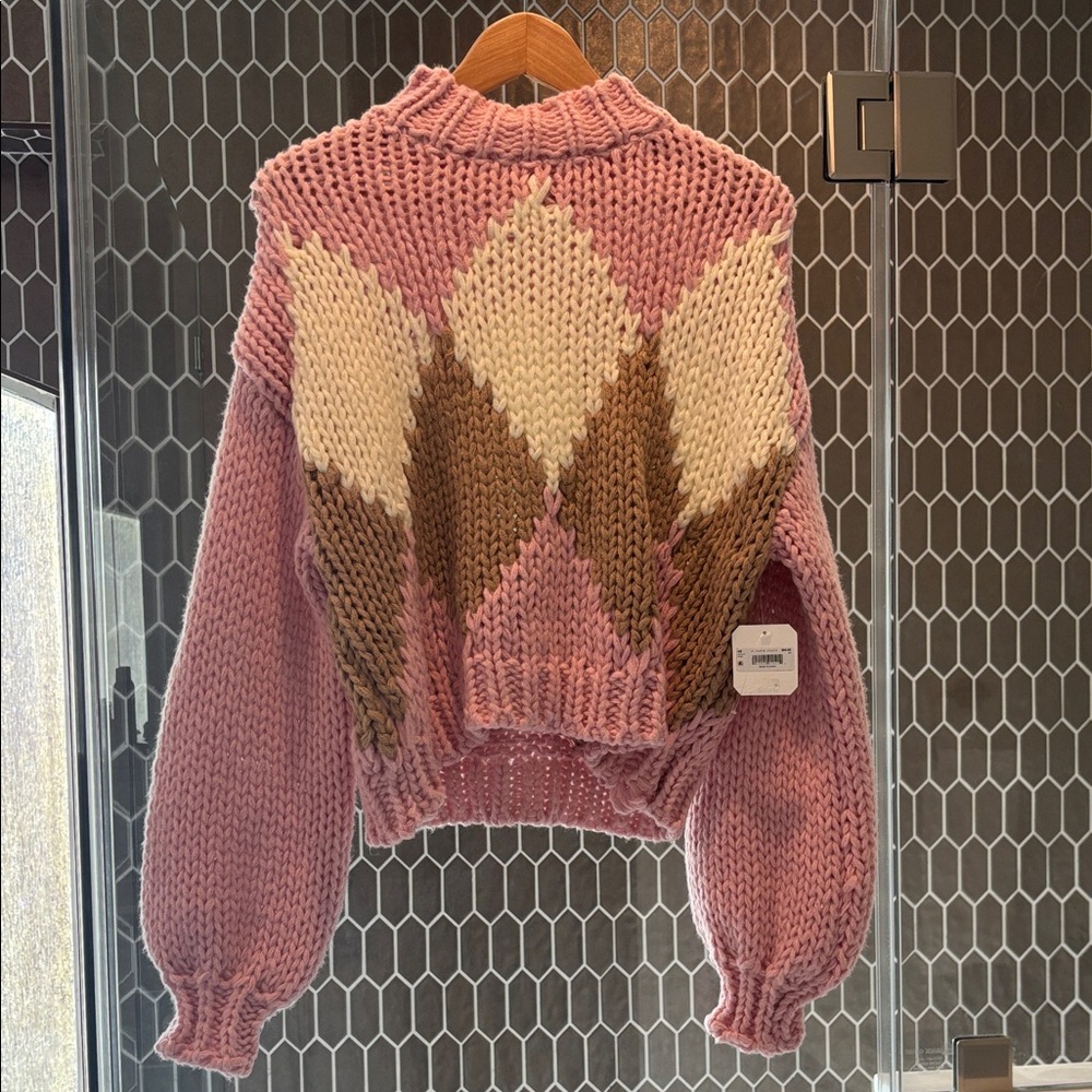 Altar'd State Pink Argyle Chunky Knit Cowl Sweater